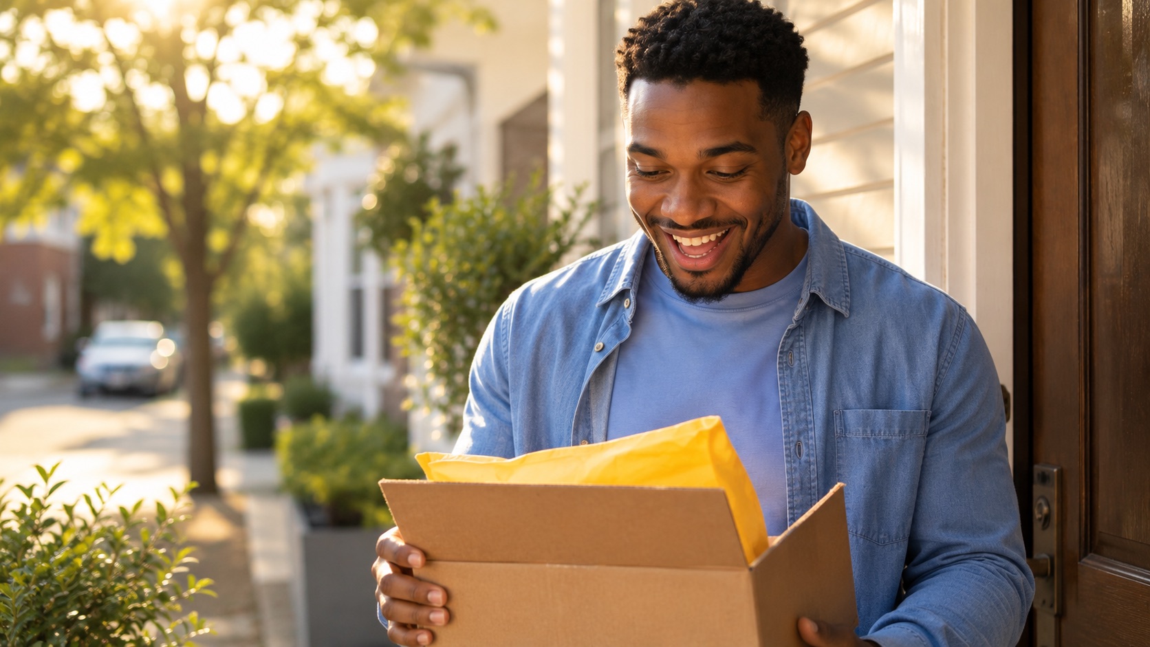 A man at his front door opens a just-delivered package, delighted.